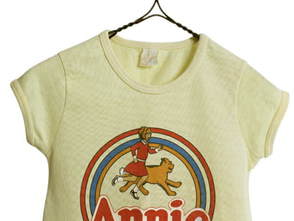 80s アニー プリント 半袖 Tシャツ キッズ ガールズ 100cm 程 ヴィンテージ ムービー シングルステッチ カットソー 映画 シンプル イエロー