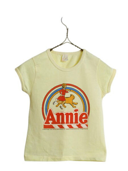 80s アニー プリント 半袖 Tシャツ キッズ ガールズ 100cm 程 ヴィンテージ ムービー シングルステッチ カットソー 映画 シンプル イエロー