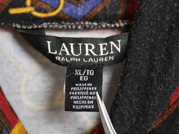 ローレン ラルフローレン タートルネック 総柄 半袖 Tシャツ レディース XL ポロ ストレッチ レーヨン カットソー 馬具 チェーン ビット 黒