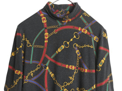 ローレン ラルフローレン タートルネック 総柄 半袖 Tシャツ レディース XL ポロ ストレッチ レーヨン カットソー 馬具 チェーン ビット 黒