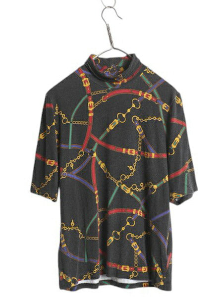 ローレン ラルフローレン タートルネック 総柄 半袖 Tシャツ レディース XL ポロ ストレッチ レーヨン カットソー 馬具 チェーン ビット 黒