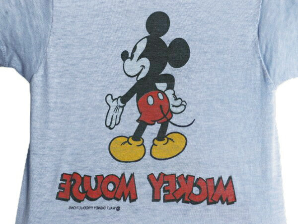 70s ミッキー 染込み 両面 プリント Tシャツ キッズ ベビー 90cm 程 ヴィンテージ ディズニー オフィシャル キャラクター イラスト ブルー