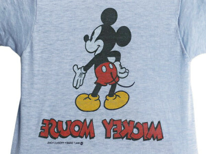 70s ミッキー 染込み 両面 プリント Tシャツ キッズ ベビー 90cm 程 ヴィンテージ ディズニー オフィシャル キャラクター イラスト ブルー