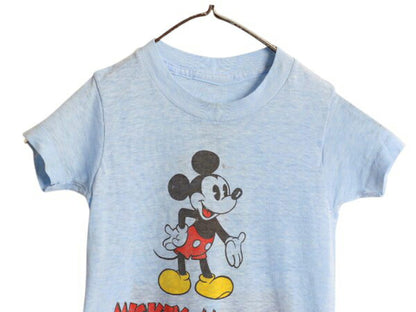 70s ミッキー 染込み 両面 プリント Tシャツ キッズ ベビー 90cm 程 ヴィンテージ ディズニー オフィシャル キャラクター イラスト ブルー