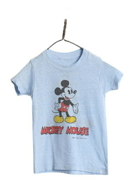 70s ミッキー 染込み 両面 プリント Tシャツ キッズ ベビー 90cm 程 ヴィンテージ ディズニー オフィシャル キャラクター イラスト ブルー