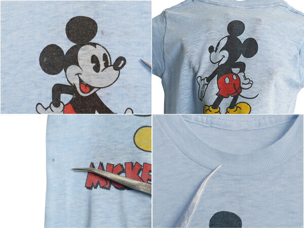 70s ミッキー 染込み 両面 プリント Tシャツ キッズ ベビー 90cm 程 ヴィンテージ ディズニー オフィシャル キャラクター イラスト ブルー