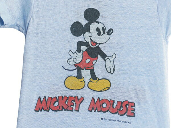 70s ミッキー 染込み 両面 プリント Tシャツ キッズ ベビー 90cm 程 ヴィンテージ ディズニー オフィシャル キャラクター イラスト ブルー