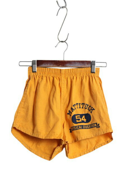 50s USA製 ランタグ チャンピオン ショートパンツ キッズ 140cm ヴィンテージ 3段 カレッジ プリント イージー ショーツ 短パン マスタード