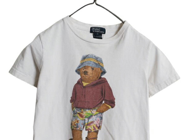 00s ポロベア ポロ ラルフローレン プリント 半袖 Tシャツ キッズ 130cm 程/ オールド コットン キャラクター クルーネック カットソー 白