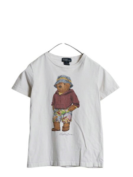 00s ポロベア ポロ ラルフローレン プリント 半袖 Tシャツ キッズ 130cm 程/ オールド コットン キャラクター クルーネック カットソー 白