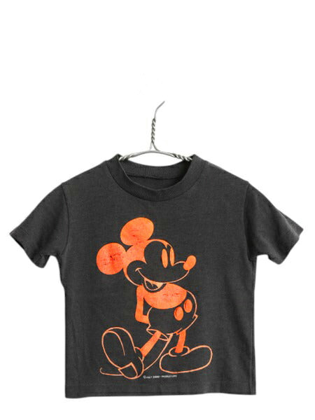 80s ミッキー プリント Tシャツ キッズ ベビー 90cm 程 ヴィンテージ ディズニー オフィシャル キャラクター イラスト シングルステッチ 黒