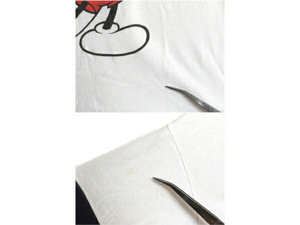 80s USA製 ミッキー プリント 半袖 リンガー Tシャツ キッズ M 120cm 程 ヴィンテージ ディズニー オフィシャル キャラクター イラスト 白