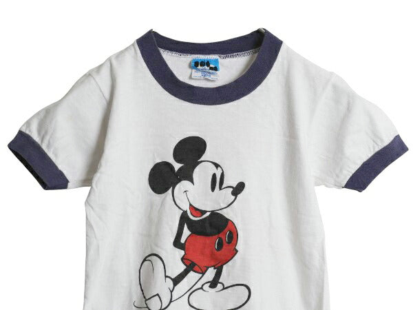 80s USA製 ミッキー プリント 半袖 リンガー Tシャツ キッズ M 120cm 程 ヴィンテージ ディズニー オフィシャル キャラクター イラスト 白
