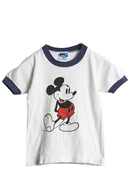 80s USA製 ミッキー プリント 半袖 リンガー Tシャツ キッズ M 120cm 程 ヴィンテージ ディズニー オフィシャル キャラクター イラスト 白