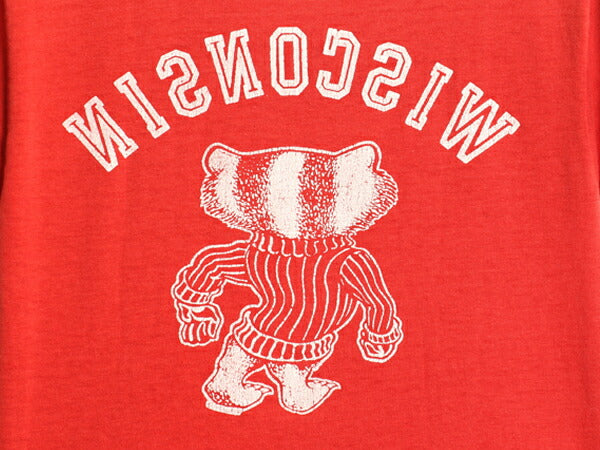80s カレッジ  両面 プリント 半袖 Tシャツ キッズ 110m 古着 ヴィンテージ シングルステッチ キャラクター マスコット シンプル 子ども 赤