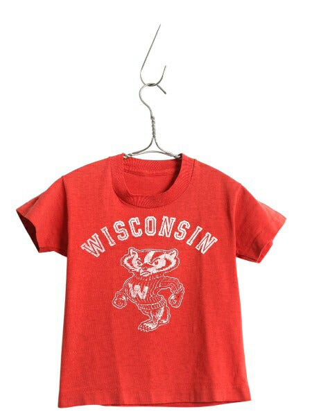 80s カレッジ  両面 プリント 半袖 Tシャツ キッズ 110m 古着 ヴィンテージ シングルステッチ キャラクター マスコット シンプル 子ども 赤