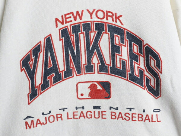90s USA製 MLB ヤンキース プリント スウェット キッズ XL メンズ S レディース M 程 オールド ラッセル ヘビーウェイト トレーナー 前V 白
