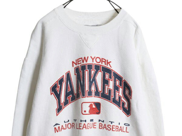 90s USA製 MLB ヤンキース プリント スウェット キッズ XL メンズ S レディース M 程 オールド ラッセル ヘビーウェイト トレーナー 前V 白