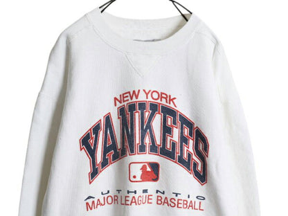 90s USA製 MLB ヤンキース プリント スウェット キッズ XL メンズ S レディース M 程 オールド ラッセル ヘビーウェイト トレーナー 前V 白
