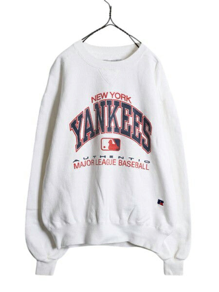 90s USA製 MLB ヤンキース プリント スウェット キッズ XL メンズ S レディース M 程 オールド ラッセル ヘビーウェイト トレーナー 前V 白