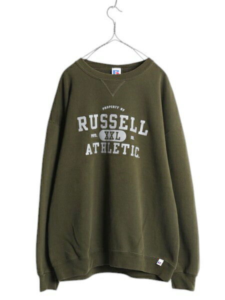 90s ラッセル 4段 プリント スウェット メンズ レディース XL / 90年代 オールド RUSSELL 前V トレーナー 裏起毛 スエット 大きいサイズ 緑