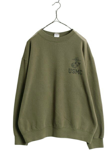 米軍実物 USA製 USMC プリント スウェット メンズ M 古着 07年製 マリンコープ 海兵隊 トレーナー ミリタリー 裏起毛 ワンポイント 軍物 OD