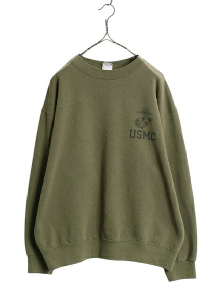 米軍実物 USA製 USMC プリント スウェット メンズ M 古着 07年製 マリンコープ 海兵隊 トレーナー ミリタリー 裏起毛 ワンポイント 軍物 OD
