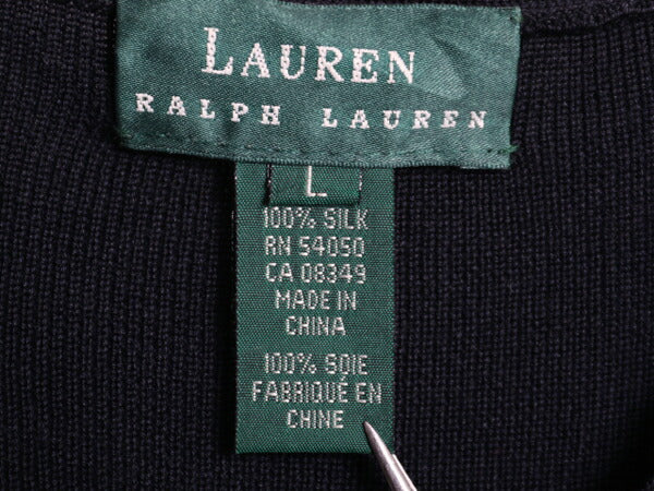 00s LAUREN ラルフローレン 高級 100% シルク 半袖 ニット カーディガン レディース L オールド ポロ 薄手 前開き 羽織り セーター 黒 無地