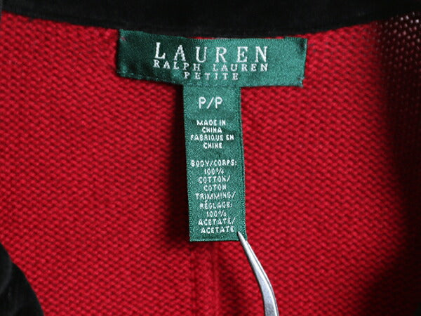00s LAUREN ラルフローレン コットン ニット テーラード ジャケット レディース S 程 オールド ポロ 襟 ベロア ブレザー 金ボタン ツートン