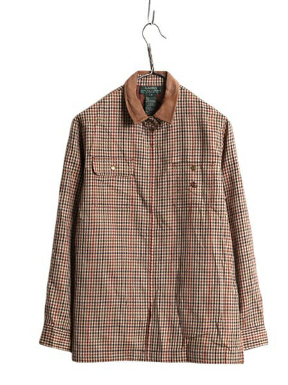 00s LAUREN ラルフローレン フルジップ シャツ ジャケット レディース M オールド ガンクラブ チェック 長袖シャツ 襟 スウェード ボックス
