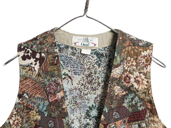 90s USA製 オービス ゴブラン 織り 花柄 ベスト レディース S / 90年代 オールド ORVIS アウトドア 総柄 前開き 重ね着 マルチカラー ジレ