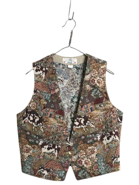 90s USA製 オービス ゴブラン 織り 花柄 ベスト レディース S / 90年代 オールド ORVIS アウトドア 総柄 前開き 重ね着 マルチカラー ジレ