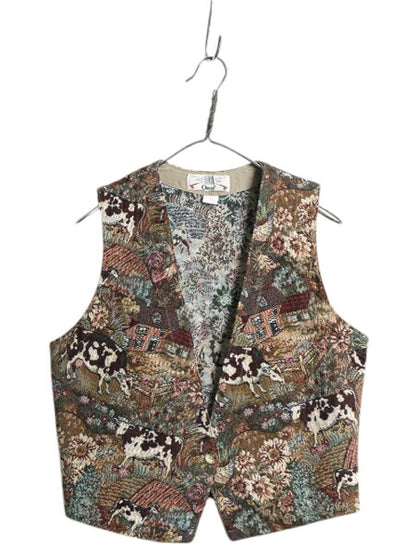 90s USA製 オービス ゴブラン 織り 花柄 ベスト レディース S / 90年代 オールド ORVIS アウトドア 総柄 前開き 重ね着 マルチカラー ジレ