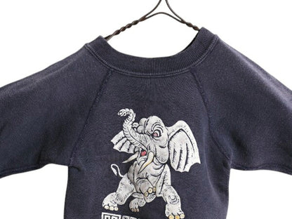 60s カラー フロッキー プリント スウェット キッズ ベビー 60cm 程 ヴィンテージ ラグラン カレッジ マスコット キャラクター 紺 子供 象