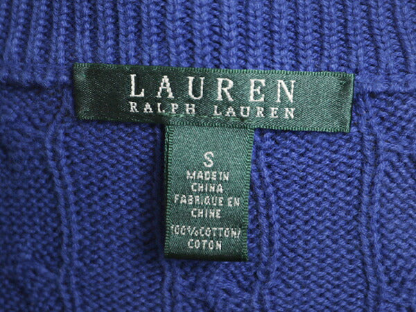 LAUREN ラルフローレン 襟付き Vネック ケーブル ニット セーター レディース S / 古着 ポロ コットン 無地 ポニー無し 長袖ニット ブルー