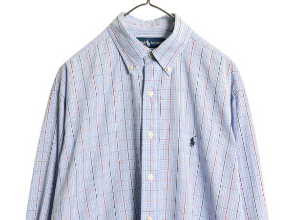 90s ラルフローレン チェック 長袖 ボタンダウン シャツ メンズ L 程 オールド ポロ 長袖シャツ コットン ワンポイント ワイシャツ BD 薄手