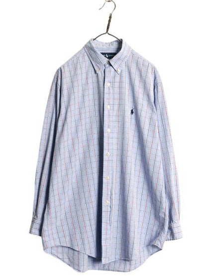 90s ラルフローレン チェック 長袖 ボタンダウン シャツ メンズ L 程 オールド ポロ 長袖シャツ コットン ワンポイント ワイシャツ BD 薄手