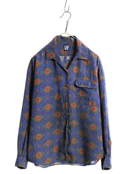 90s オールド ギャップ 100% レーヨン 総柄 長袖 シャツ レディース L 旧タグ ブラウス ループ留め オープンカラー 開襟 ゆったり きれいめ