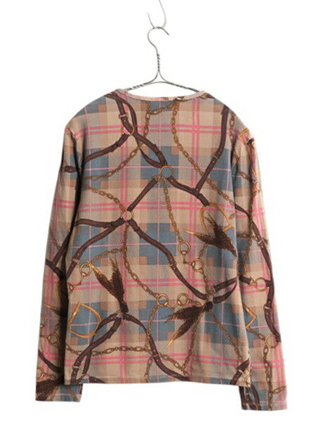 ローレン ラルフローレン 総柄 長袖 Tシャツ レディース L ロンT カットソー ストレッチ コットン 薄手 馬具 チェーン ビット マルチカラー