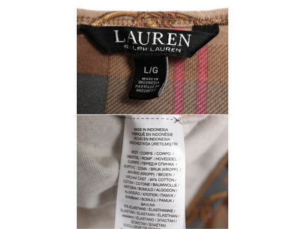 ローレン ラルフローレン 総柄 長袖 Tシャツ レディース L ロンT カットソー ストレッチ コットン 薄手 馬具 チェーン ビット マルチカラー