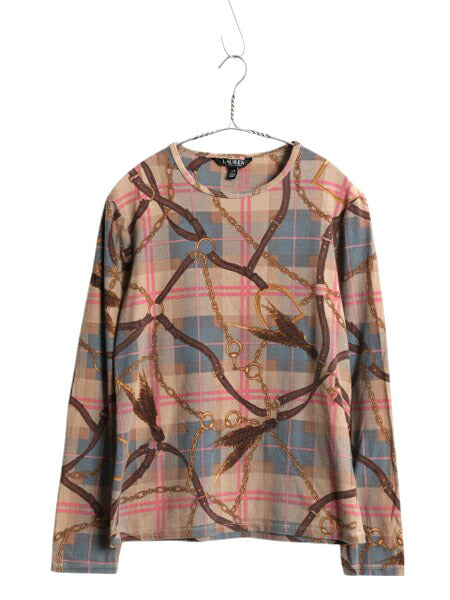 ローレン ラルフローレン 総柄 長袖 Tシャツ レディース L ロンT カットソー ストレッチ コットン 薄手 馬具 チェーン ビット マルチカラー