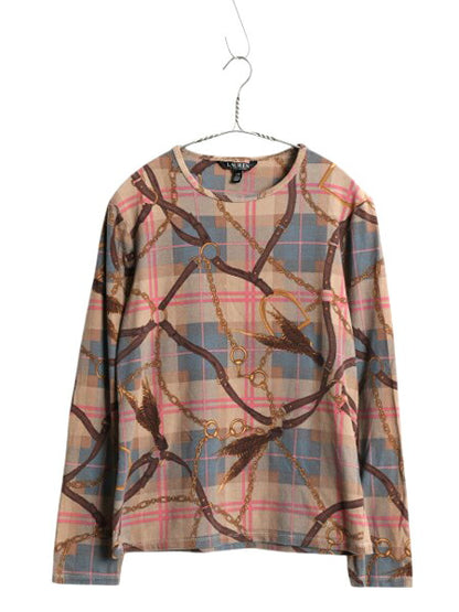 ローレン ラルフローレン 総柄 長袖 Tシャツ レディース L ロンT カットソー ストレッチ コットン 薄手 馬具 チェーン ビット マルチカラー