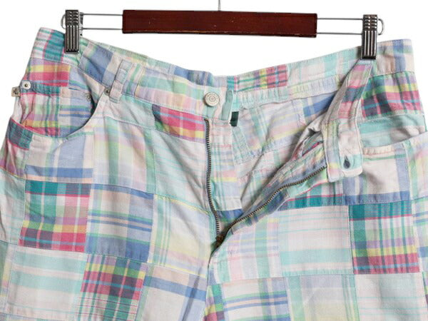 90s ローレン ラルフローレン パッチワーク クロップド パンツ レディース XL オールド ポロ マドラス チェック コットン ノータック 7分丈