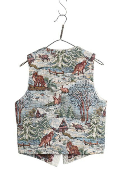90s USA製 オービス ゴブラン 織り 総柄 ベスト レディース S 古着 オールド アウトドア 前開き 重ね着 羽織り アニマル マルチカラー ジレ