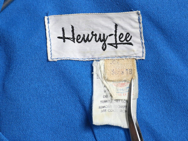 70s USA製 Heury Lee カシュクール 長袖 ワンピース レディース M 程 ヴィンテージ ミモレ丈 ドレス きれいめ シンプル 透け感 無地 ブルー