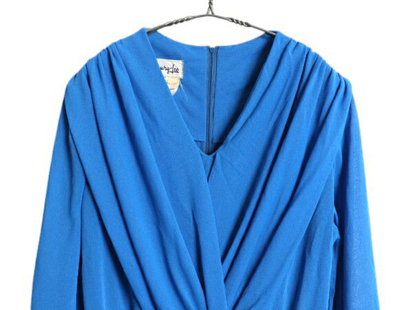 70s USA製 Heury Lee カシュクール 長袖 ワンピース レディース M 程 ヴィンテージ ミモレ丈 ドレス きれいめ シンプル 透け感 無地 ブルー