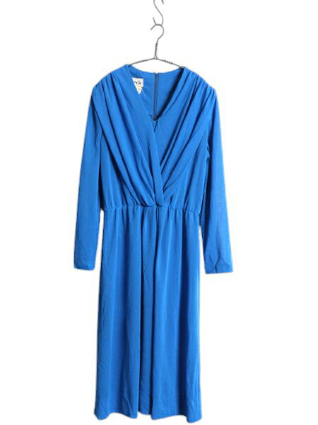 70s USA製 Heury Lee カシュクール 長袖 ワンピース レディース M 程 ヴィンテージ ミモレ丈 ドレス きれいめ シンプル 透け感 無地 ブルー