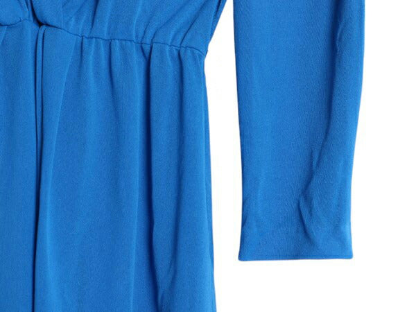 70s USA製 Heury Lee カシュクール 長袖 ワンピース レディース M 程 ヴィンテージ ミモレ丈 ドレス きれいめ シンプル 透け感 無地 ブルー