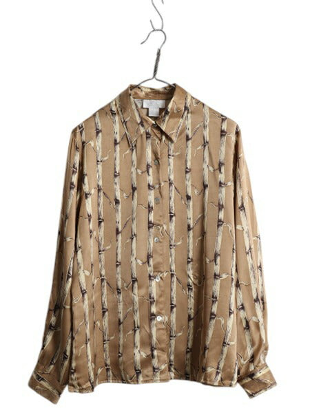 80s 100% シルク 長袖 総柄 シャツ レディース M / ヴィンテージ K Arnold ブラウス ドレスシャツ シャンパンゴールド ゆったり カジュアル
