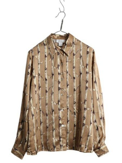 80s 100% シルク 長袖 総柄 シャツ レディース M / ヴィンテージ K Arnold ブラウス ドレスシャツ シャンパンゴールド ゆったり カジュアル